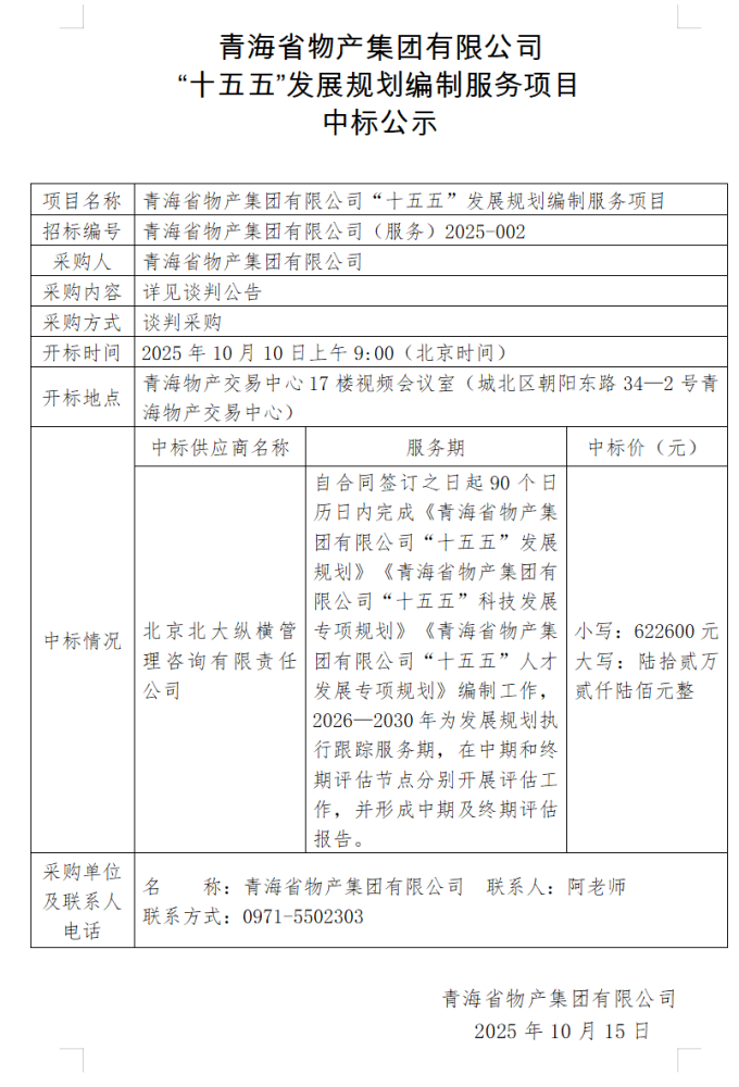 青海省物产集团有限公司 &ldquo;十五五&rdquo;发展规划编制服务项目 中标公示